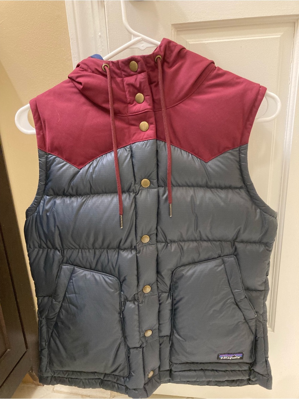 Patagonia Two-Tone Hooded Puffer Vest - Maroon & Gray